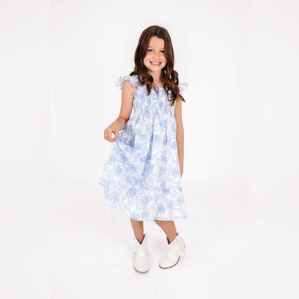 J. Marie Palmer Floral Blue and White Smocked Tiered Flutter Dress PLEASE READ